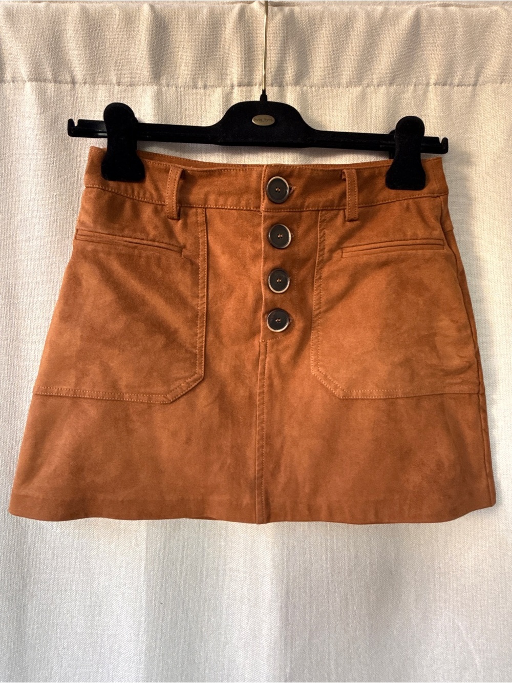 Zara Button-Front Suede Mini Skirt in Cognac Brown